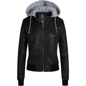 Wantdo Women's Black Motorcycle Short PU Faux Leather Jacket with Removable Hood